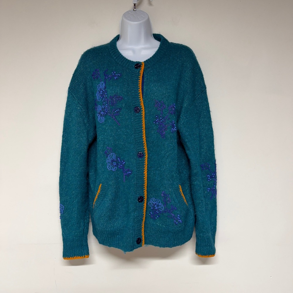 Sundance Womens Cardigan Sweater Size M Teal Floral Embroidered Button Front